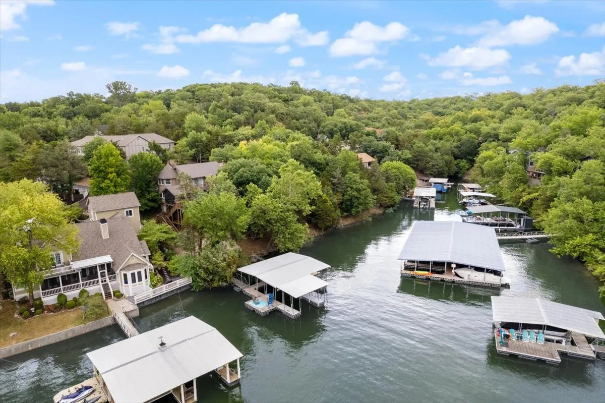 A wide, scenic view of the lakefront showing multiple docks extending over the water, surrounded by mature trees and homes in the background. There are visible signs of water activities such as boating and swimming, with the tranquil lake reflecting the sky and a relaxed mood permeating the scene.